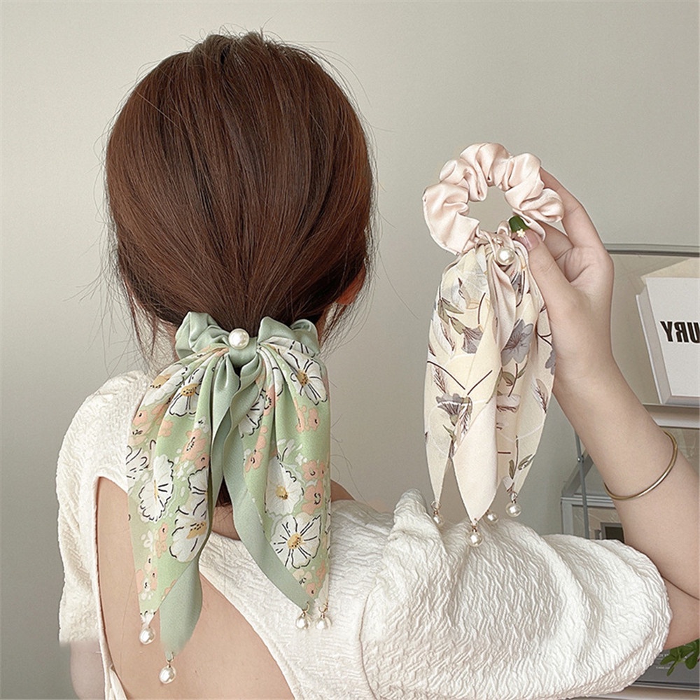 Dây Cột Tóc Ruy Băng Dài Đính Hạt Ngọc Trai Họa Tiết Hoa Thời Trang Mùa Hè
