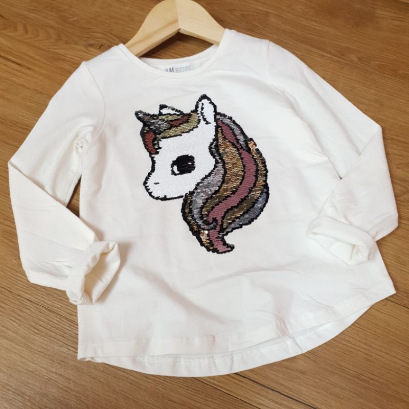 Áo thun bé gái HM dài tay có in hình ngựa pony chất cotton