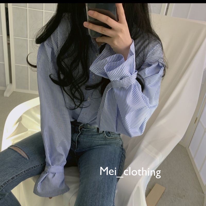 [Ảnh thâtk/video] Áo sơmi kẻ sọc Ulzzang phối Tay Xoè cách điệu có thể điều chỉnh