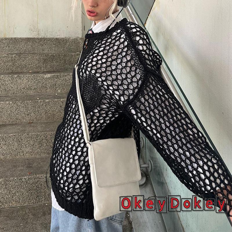 Okdk-áo Thun Dệt Kim Cỡ Lớn Khoét Rỗng Xuyên Thấu Phong Cách Harajuku Grunge Retro Cho Nữ