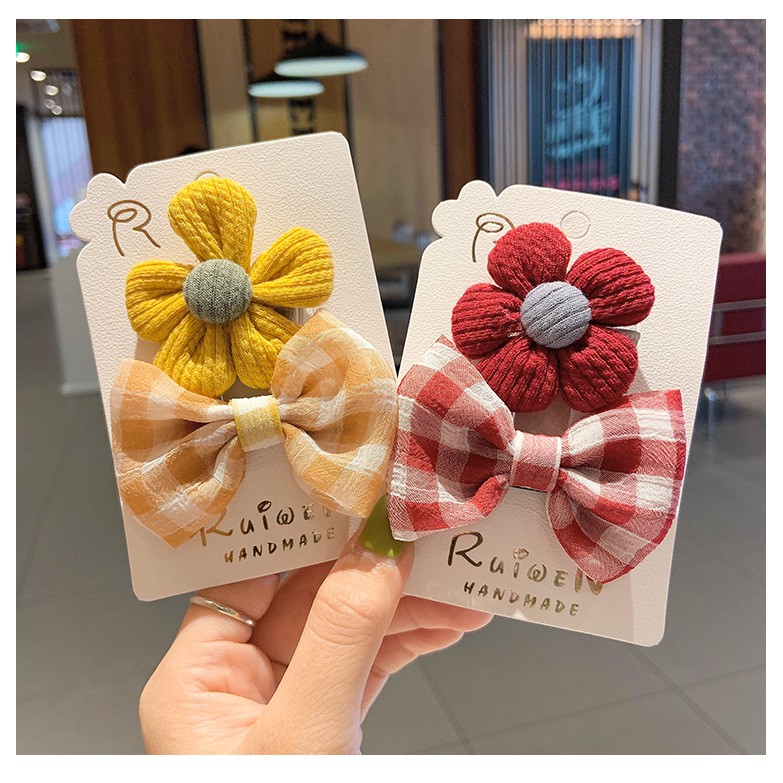 Set 2 Kẹp Nơ Caro Bông Hoa Siêu Xinh