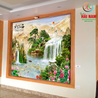 Tranh dán tường 3D thác nước - Vải lụa phủ kim sa