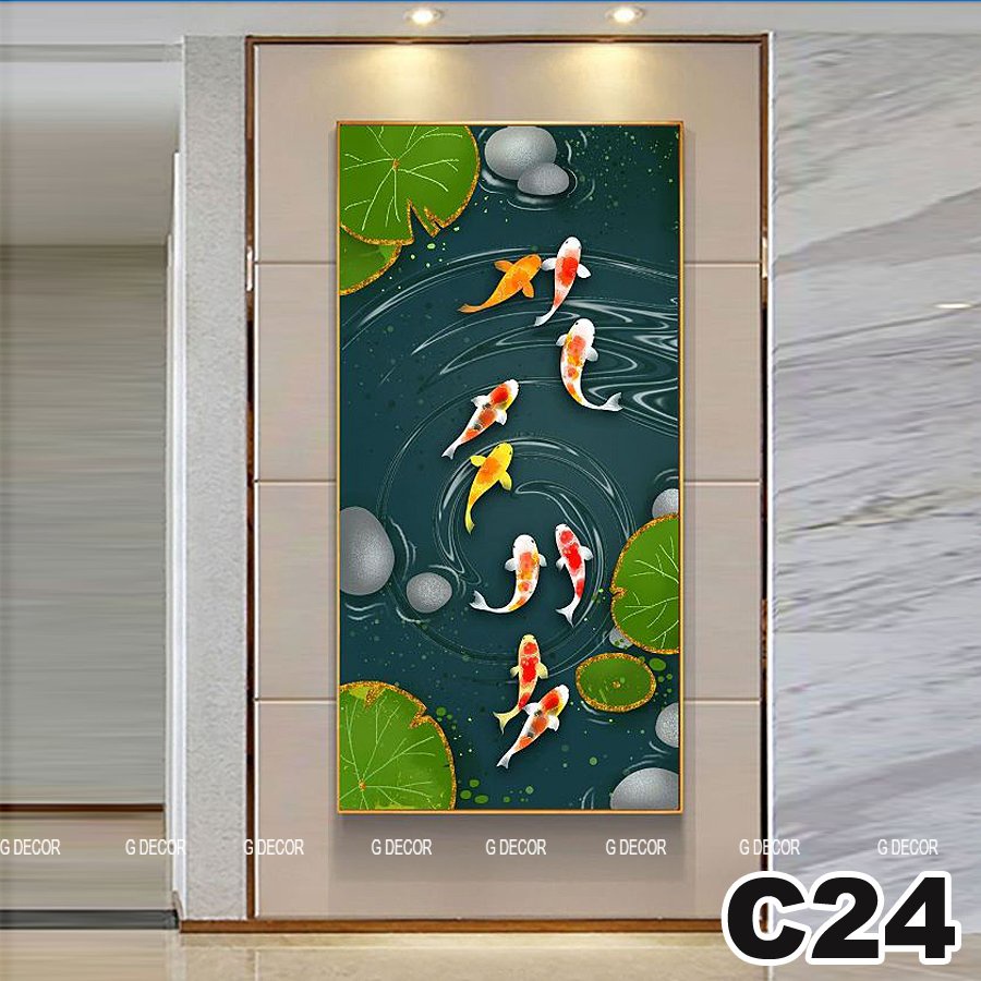 Tranh treo tường canvas 1 bức phong cách hiện đại Bắc Âu 22, tranh cửu ngư quần hội trang trí phòng khách, phòng ngủ,spa