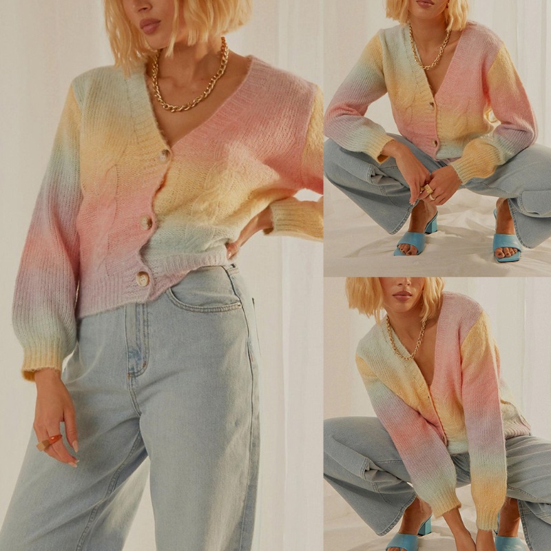 Áo Khoác Cardigan Dệt Kim Tay Dài Cổ Chữ V Phối Nút Màu Cầu Vồng Xinh Xắn Cho Nữ