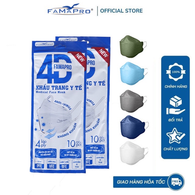 Túi 4D tiêu chuẩn Khẩu trang y tế Famapro KF94 4 lớp kháng khuẩn 10 cái/bịch