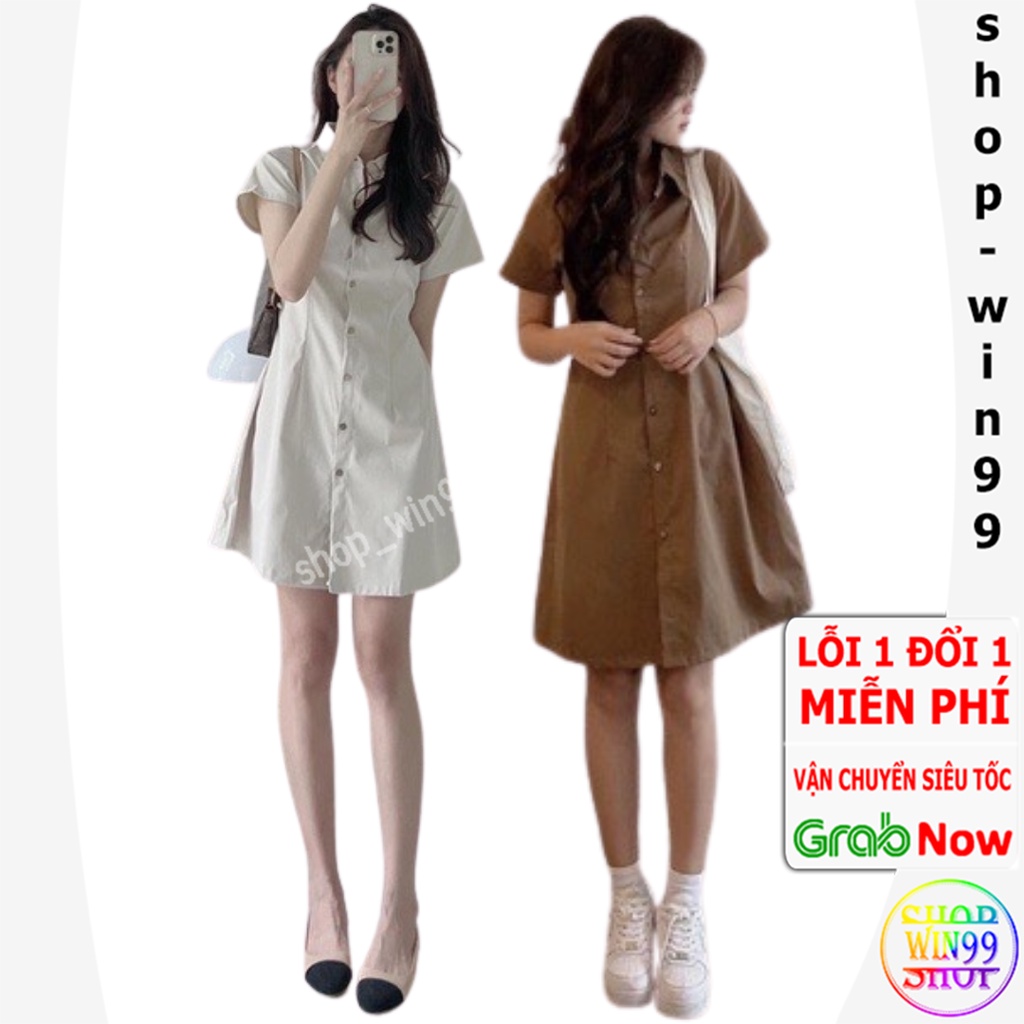 Đầm váy nữ xinh cộc tay,váy sơ mi basic cổ polo cài cúc chiết eo lưng chun nhiều màu thời trang chất kaki đẹp