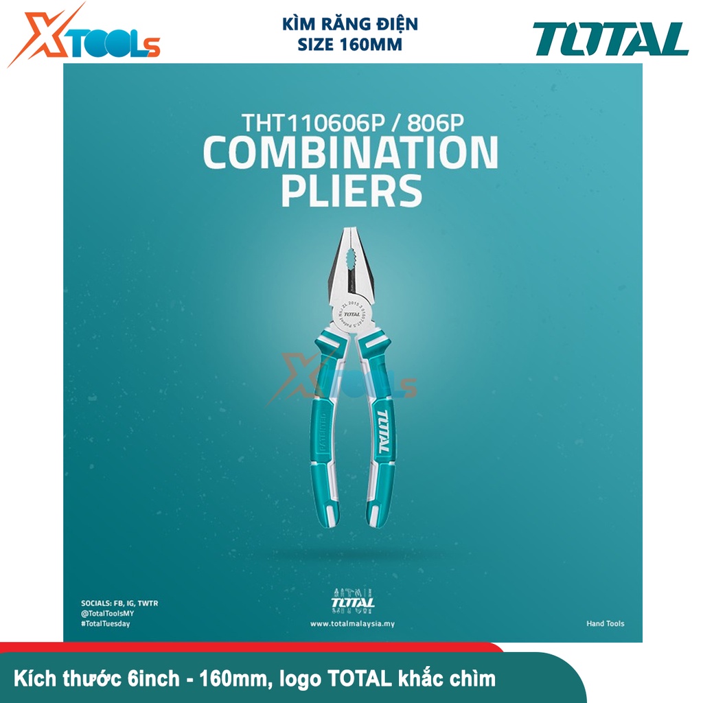 Kìm điện TOTAL THT110606P | kềm răng kích thước 6''/160mm, CR-V, chất liệu PP+TPR, đầu kềm đánh bóng- CHÍNH HÃNG- XTOOLS