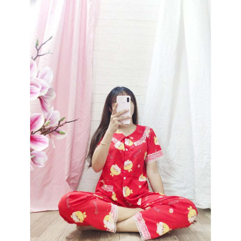 Bộ lụa hàn cổ sen viền ren có túi quần