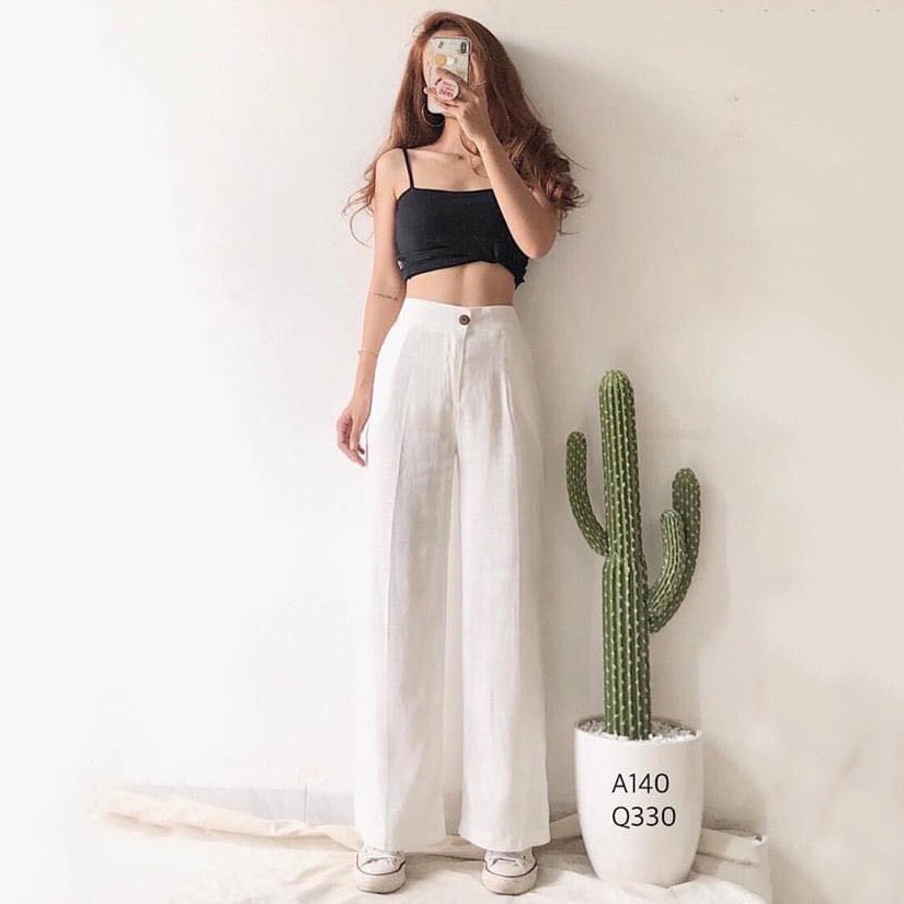 Quần ống rộng vải đũi lưng cao dài 100cm - chất đũi mềm mại thoáng mát - Màu đen, trắng, kem MIX đồ cực đỉnh | BigBuy360 - bigbuy360.vn