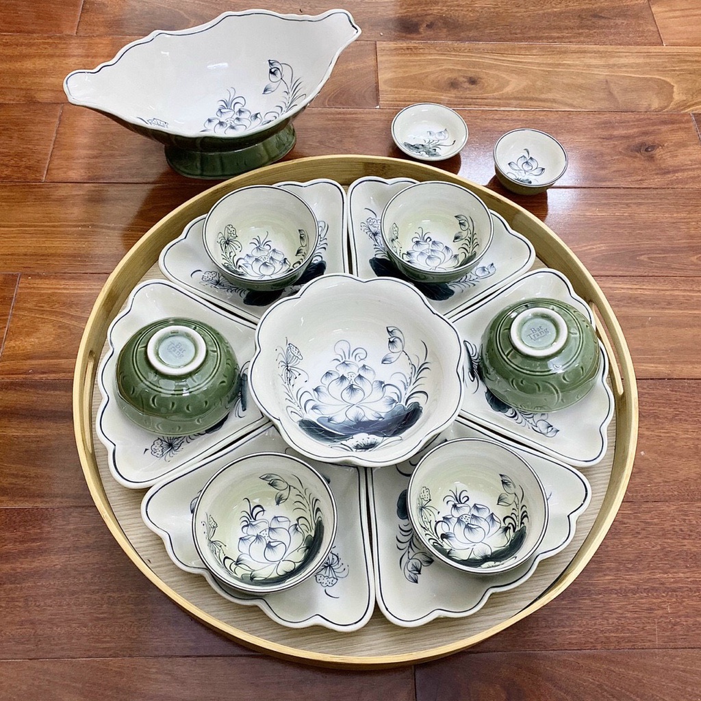 Bộ bát đĩa hoa mặt trời hàng vẽ kèm bát gà và không kèm khay gỗ - Bát ăn cơm - Gốm sứ Decor