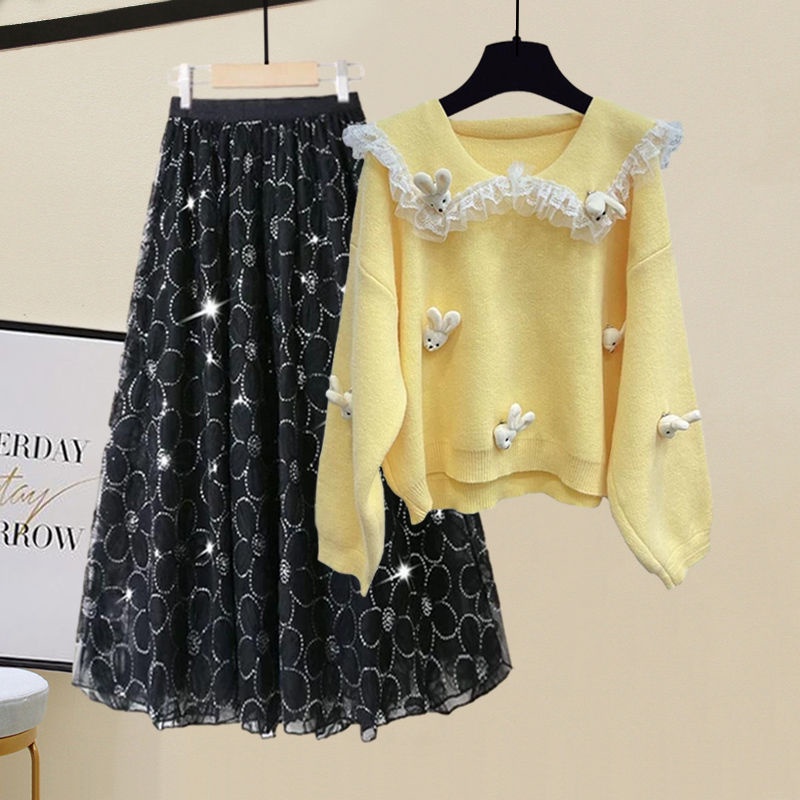 Plus Bộ Áo Sweater Cổ Búp Bê + Chân Váy Thời Trang Mùa Thu 2022 Cho Nữ