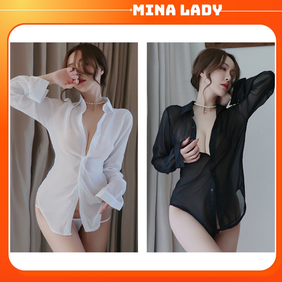 Đồ Áo Ngủ Nữ Áo Sơ Mi Ngủ Nữ Mỏng Sexy Gợi Cảm Xuyên Thấu Kèm Quần Lọt Khe Voan Mỏng Dài Tay