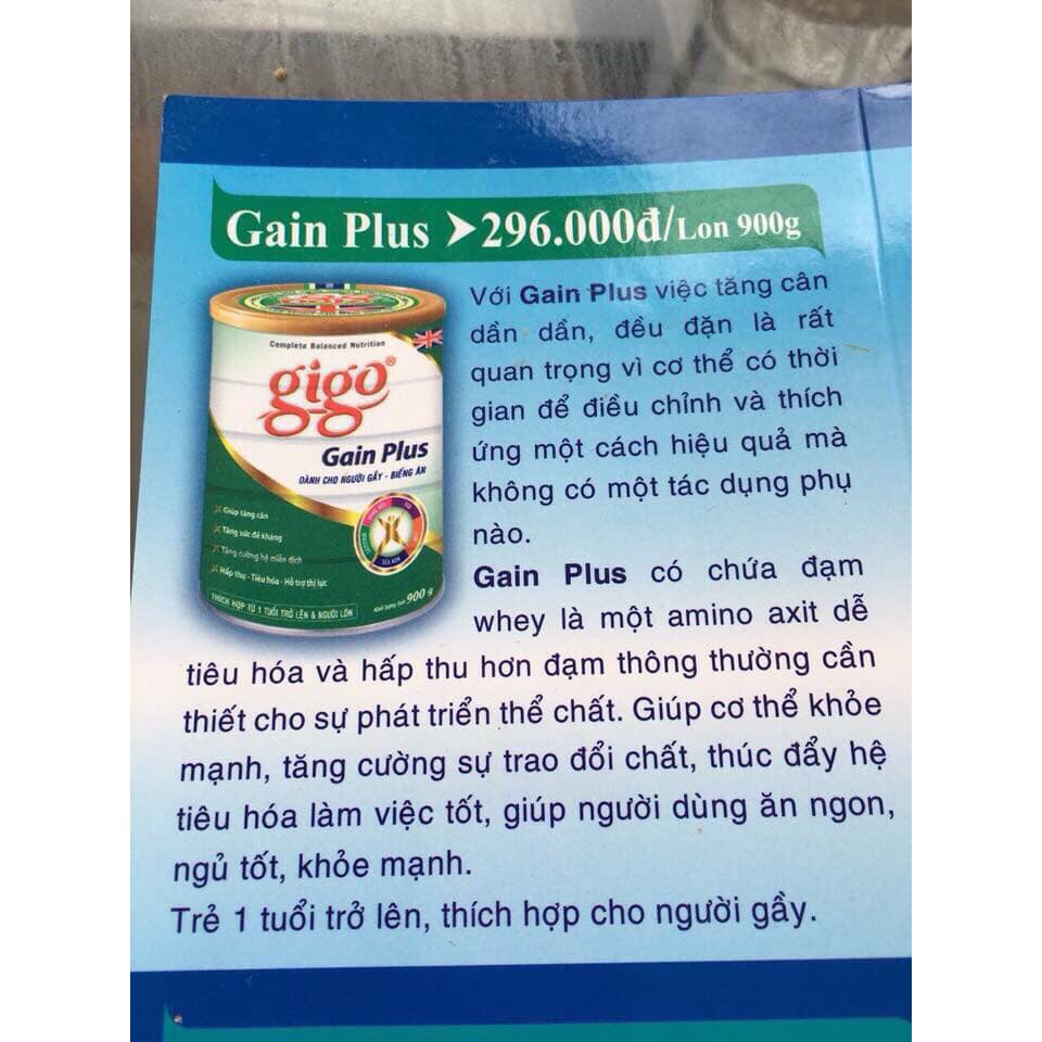 [CHÍNH HÃNG] Sữa Bột Gigo Gain Plus Hộp 900g (Dành cho người gầy - biếng ăn)