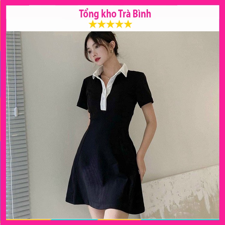 Đầm Polo mặc đi chơi dáng ôm màu đen phối cổ trắng váy dạo phố body ngắn tay dự tiệc