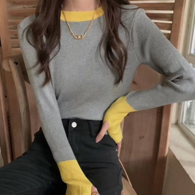 Áo Dệt Kim Tay Dài Dáng Ôm Kẻ Sọc Cá Tính Thời Trang