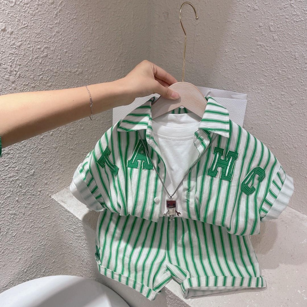 Bộ Áo Sơ Mi Kẻ Sọc Ngắn Tay + Quần Short Phong Cách Đường Phố Thời Trang Mùa Hè Cho Bé Trai 0414