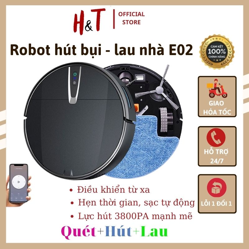 Robot hút bụi thông minh điều khiển từ xa không dây E02, tự động sạc, vệ sinh sàn nhà lên kế hoạch hút cho gia đình