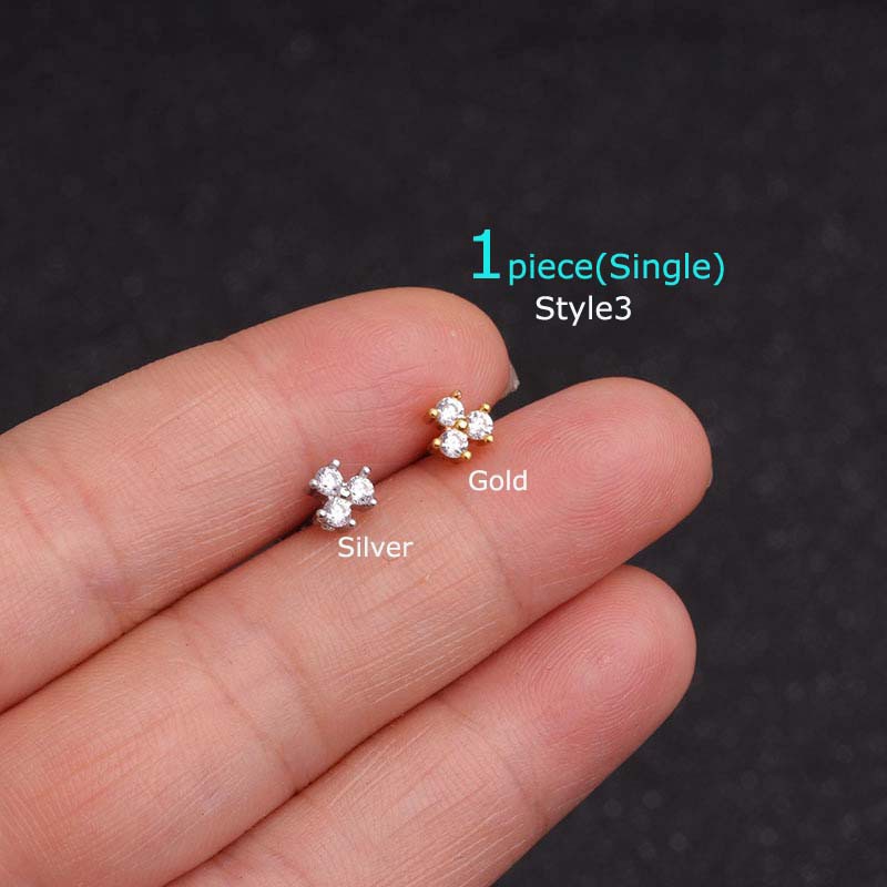 Khuyên tai đơn bằng thép không gỉ đính đá Zircon nhân tạo 16g