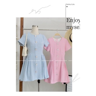 Đầm nữ vải bố hàng nút lấp lánh tay ngắn cột nơ sau lưng 2 màu freesize Pumi