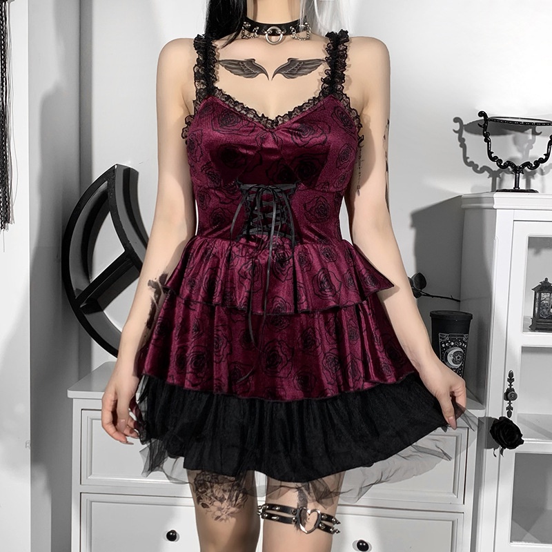 Đầm Gothic Hở Lưng Phối Ren Lưới Thời Trang Dành Cho Nữ