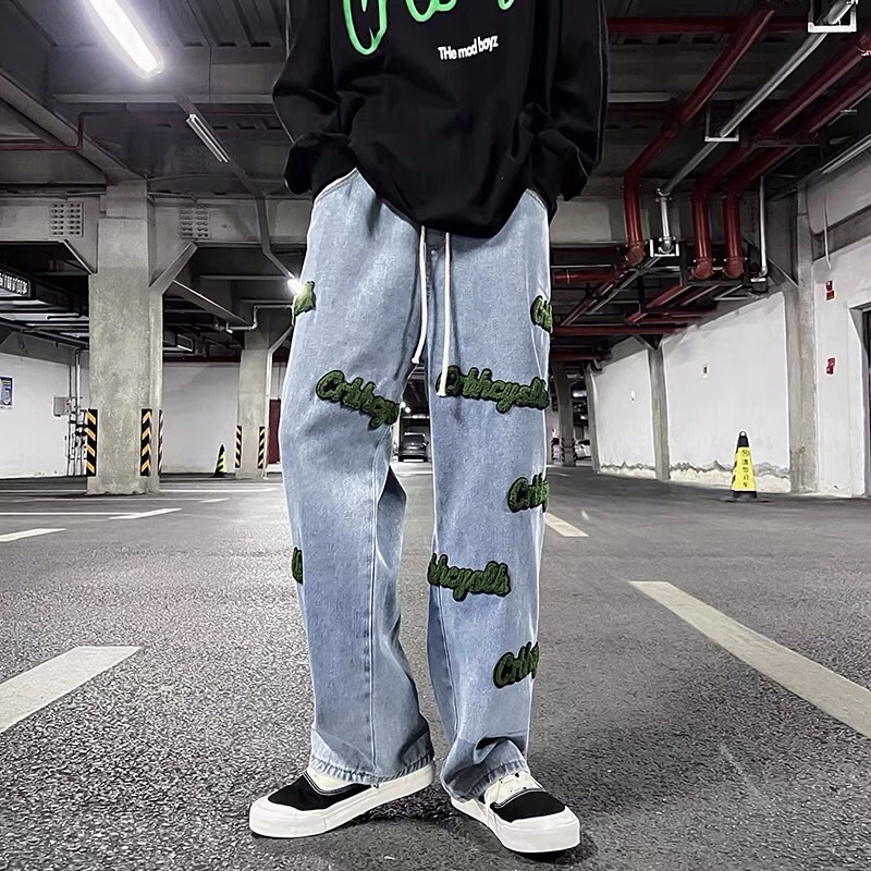 Quần bò jeans ống rộng chữ nổi eo chun dây rút cách điệu hiphop Ulzzang siêu chất ❤️