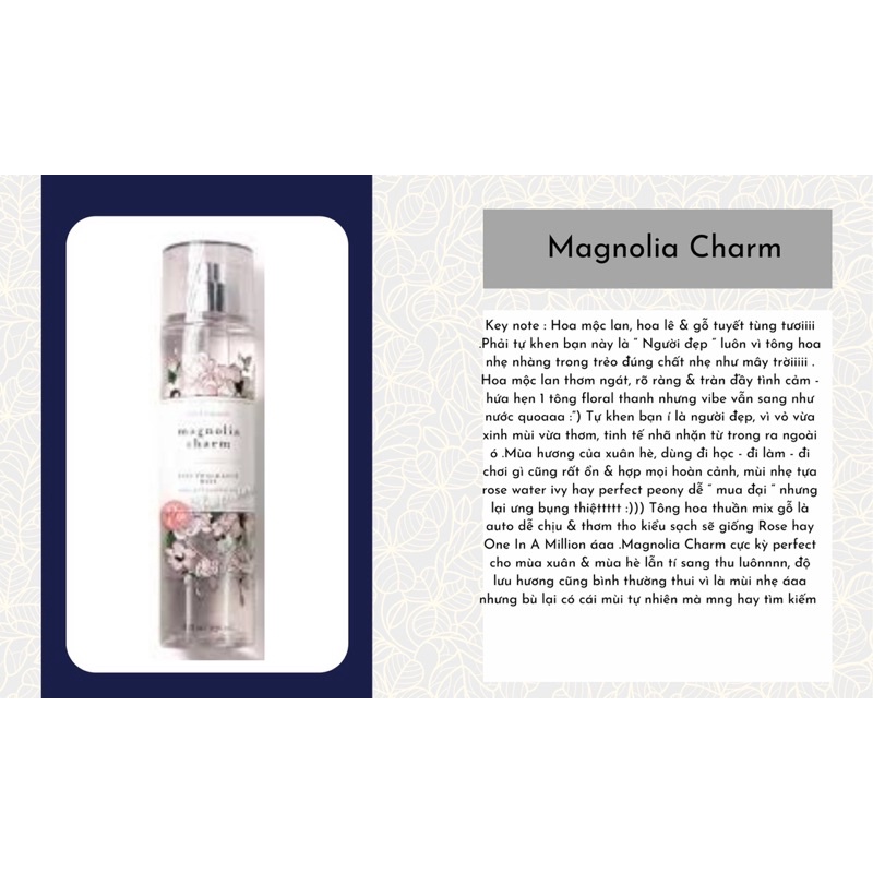 Bodymist Bath Body Works mùi MAGNOLIA CHARM