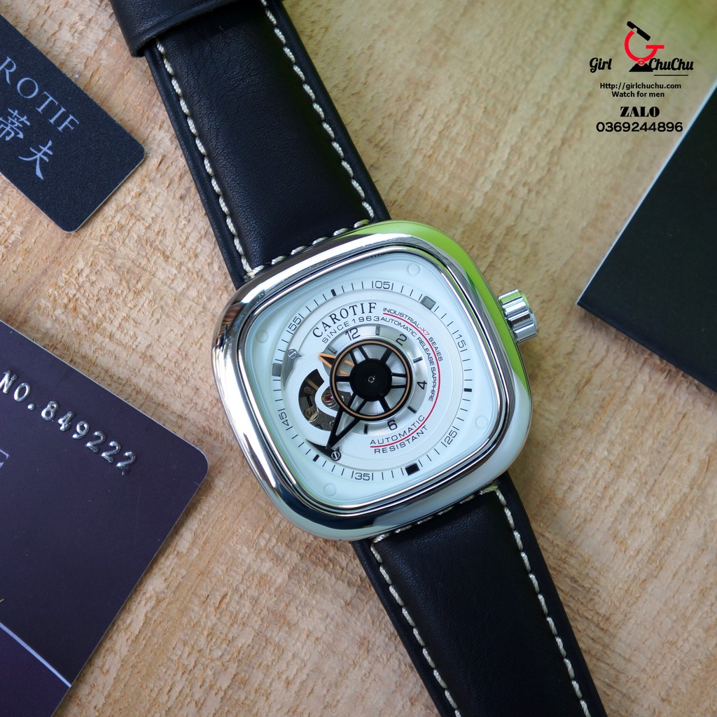 Đồng Hồ Nam Carotif Cơ Lộ Máy Tự Động (style sevenfriday) Màu trắng viền trắng