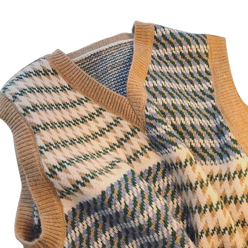 Áo len không tay cổ chữ V dáng rộng họa tiết sọc caro thiết kế mới thời trang dành cho nữ