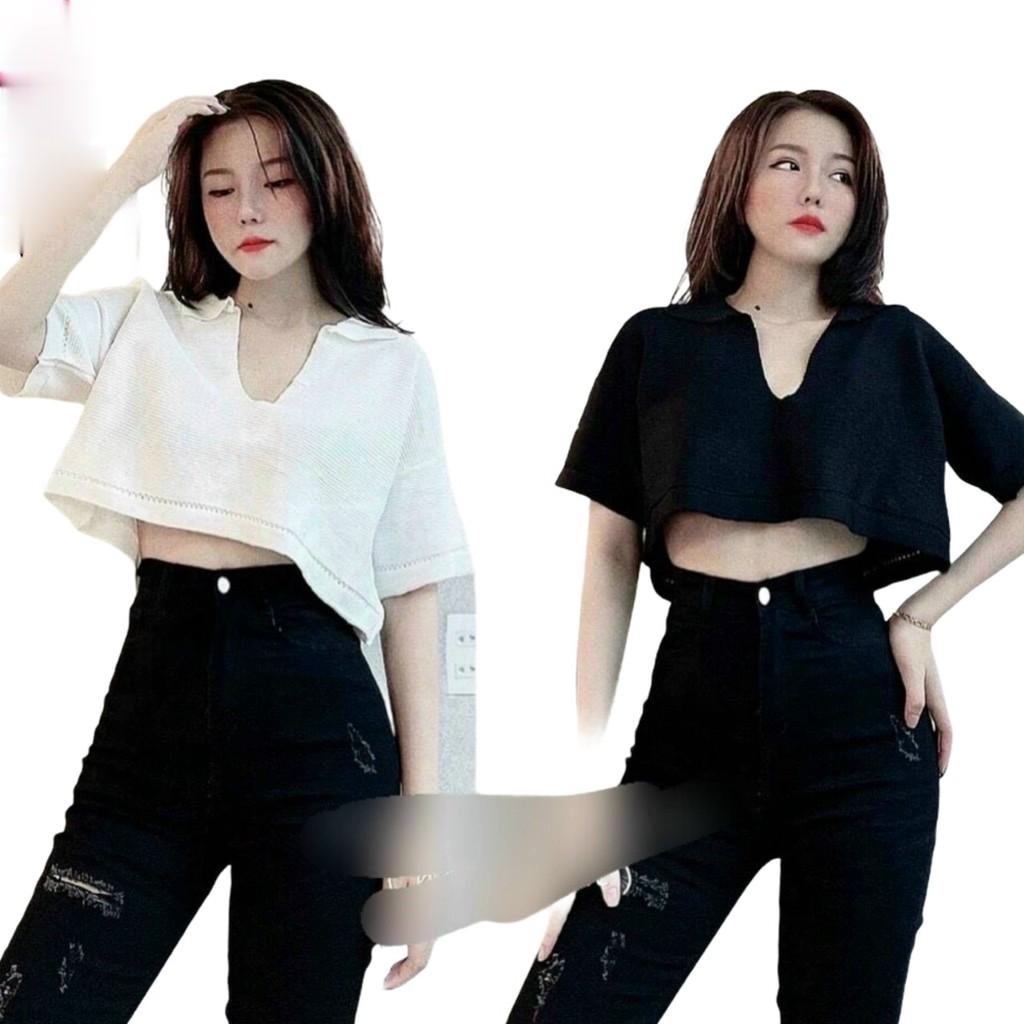 Áo thun croptop form rộng nữ cổ bẻ polo tay ngắn trơn phong cách hàn quốc cực dễ thương alohashop91