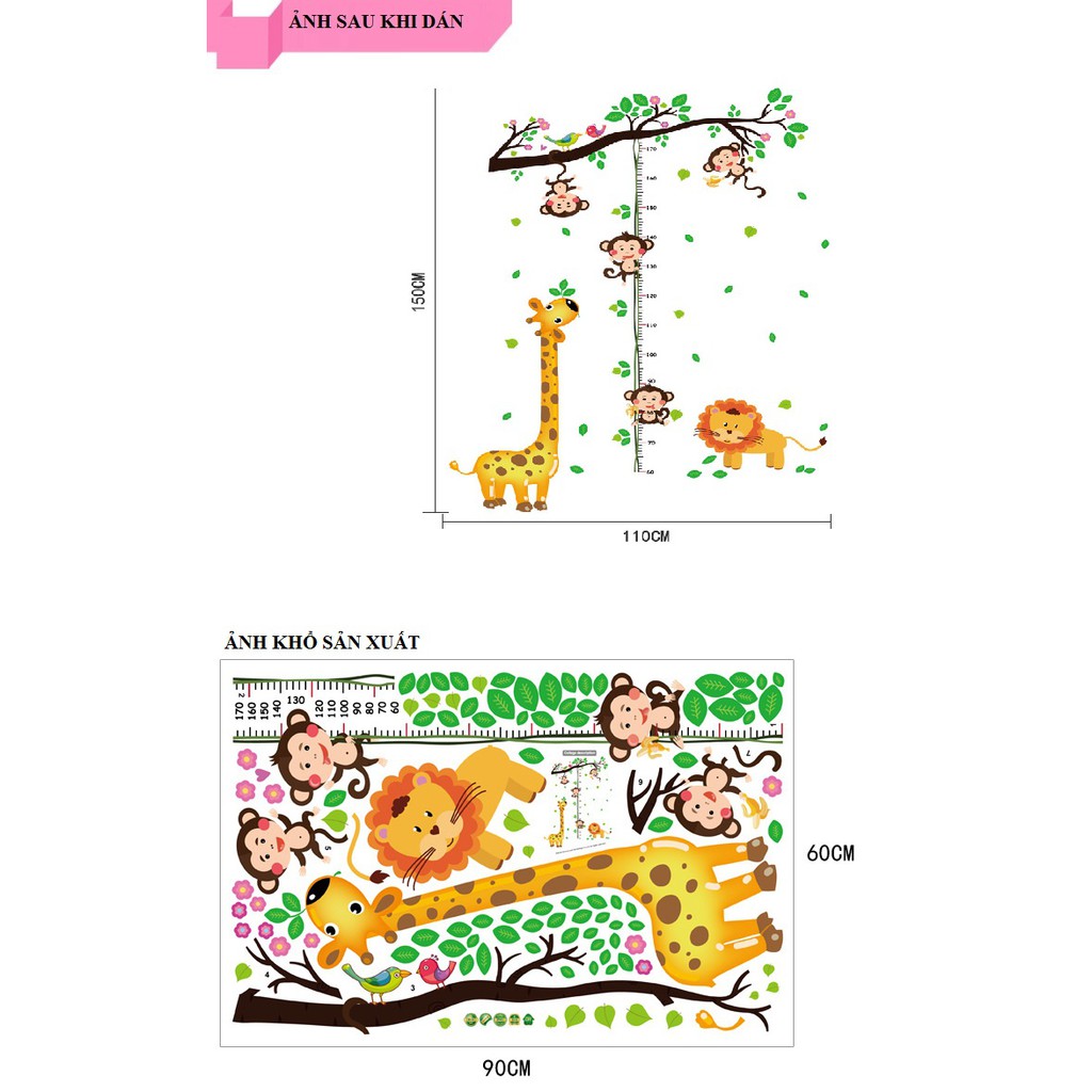 Decal dán tường Thước đo chiều cao 3 chú khỉ con