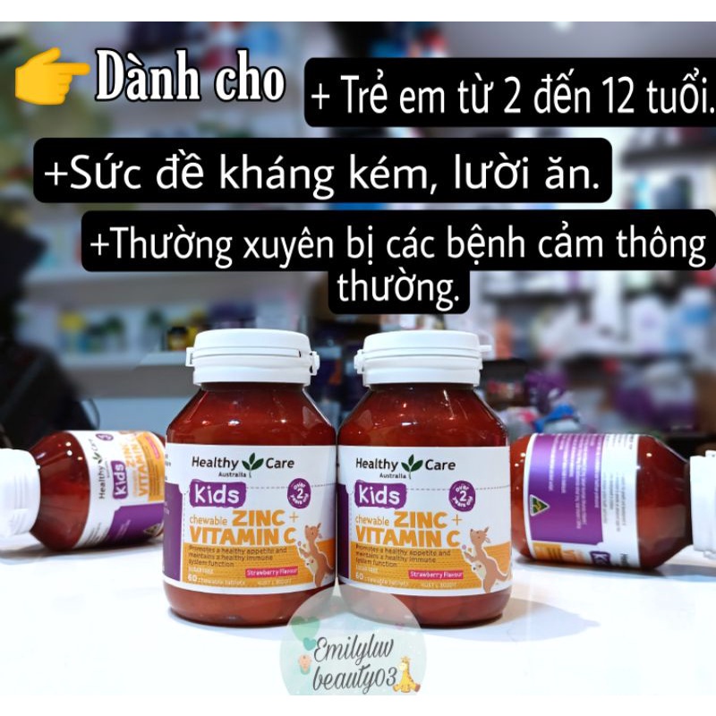 Viên nhai bố sung kẽm cho bé Healthy Care Zinc + Vitamin C của úc 60 cho trẻ từ 2 tuổi tăng đề kháng hiệu quả