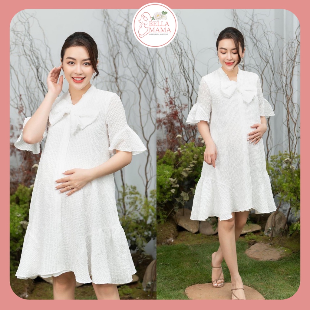 Váy Bầu Công Sở Nơ Cổ Họa Tiết Hoa Nhí Đủ Size Cho Mẹ Bầu Và Sau SinhTừ 47-85kg BELLA MAMA - D131