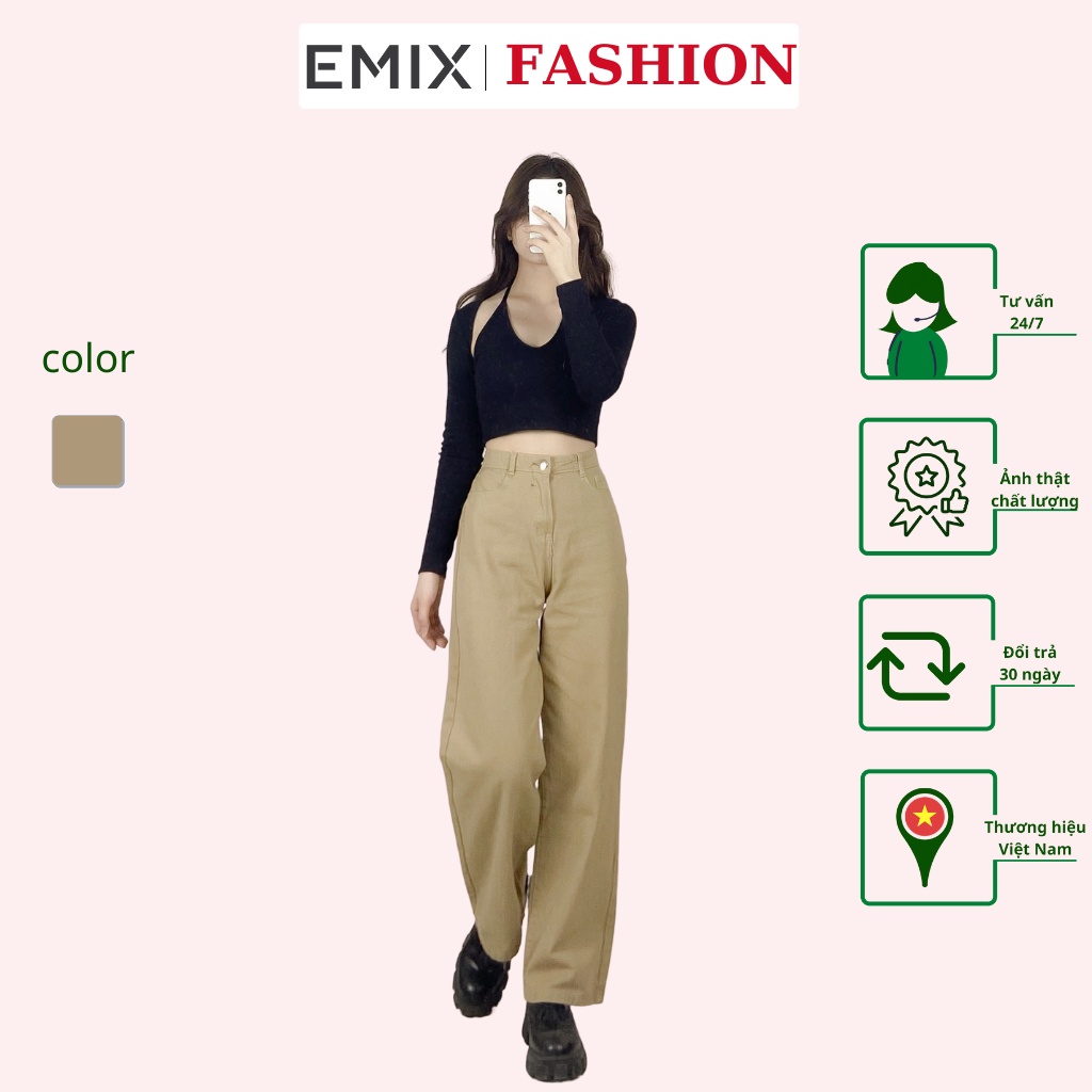 Quần jean nữ basic EMIX (màu nâu tây), công sở, dáng dài, cạp cao, ống suông, kiểu trơn, vải kaki mềm nhẹ J45444