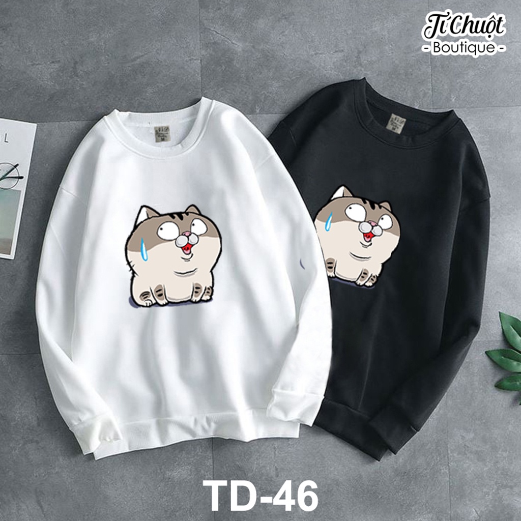 Áo sweater MÈO AMI SỢ HÃI form rộng nam nữ, áo tay dài nỉ bông in họa tiết unisex dày mềm mịn - Tí Chuột Studio