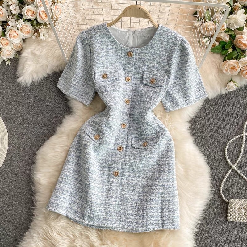 VÁY DẠ TWEED TAY NGẮN MẶC THU ĐÔNG - VÁY DẠ NGẮN TAY