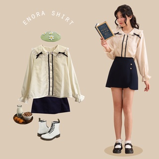 Bleubird áo sơ mi lụa đính nơ phối cổ ren enora shirt