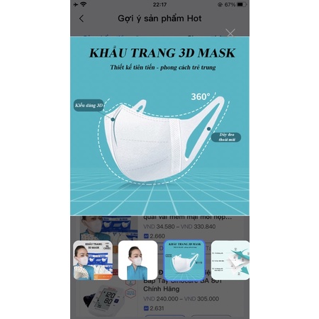 Hộp 50 cái khẩu trang 3d mask Monji công nghệ Nhật Bản màu trắng/khẩu trang 3d quai vải