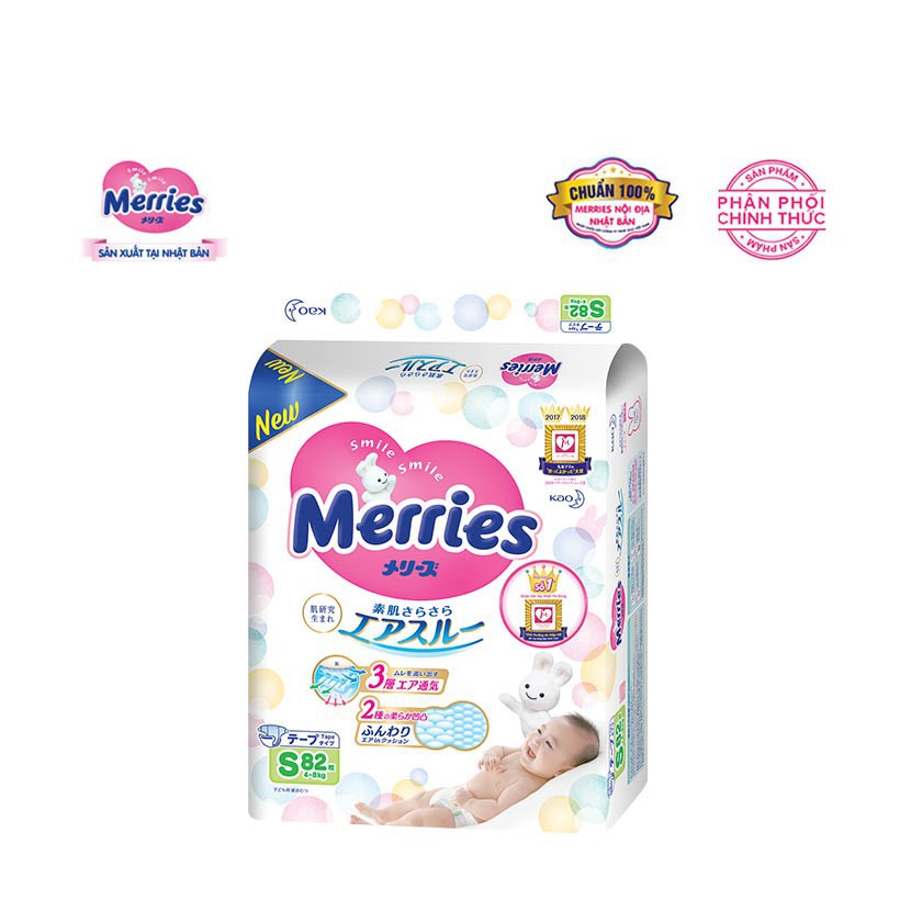 [Mã LTP50 giảm 50000 đơn 150000] Bỉm Merries dán size S cho bé từ 4-8kg 82 miếng