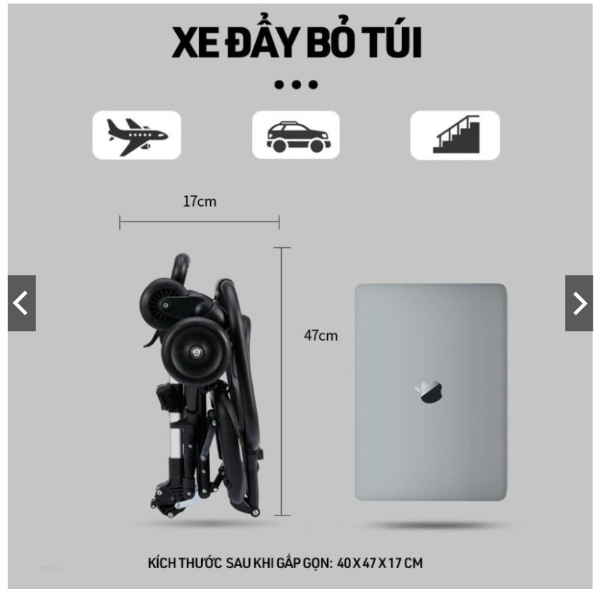 Xe đẩy 2 chiều cho bé, Xe đẩy gấp gọn em bé đi du lịch siêu gọn nhẹ VBABY 520