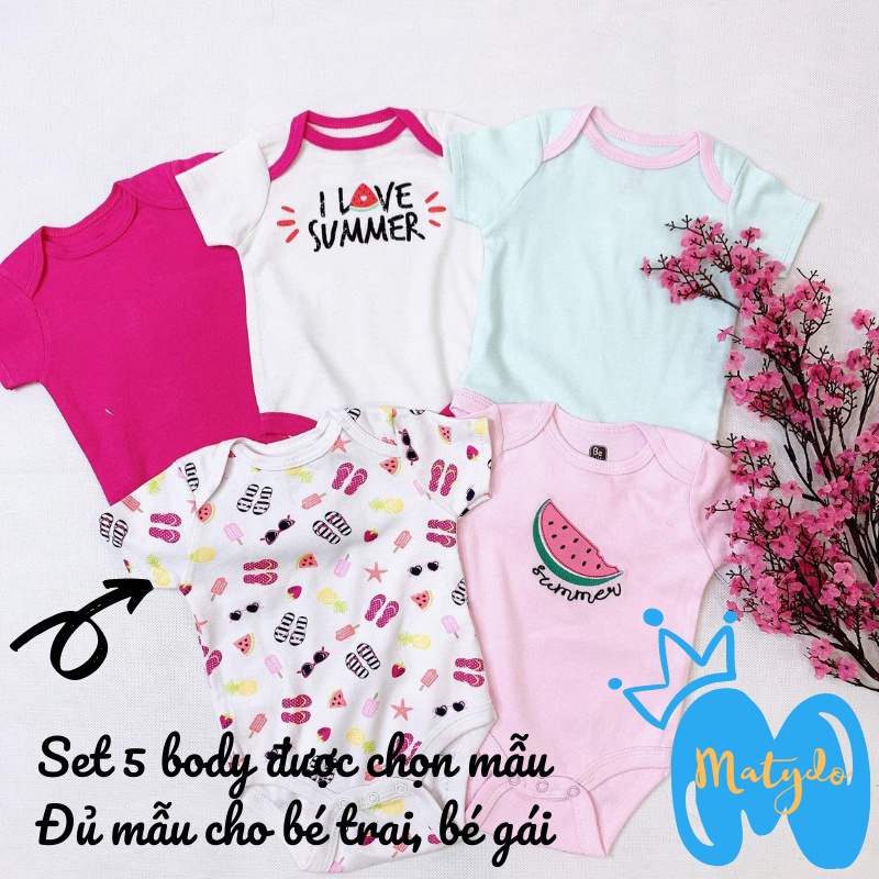 Áo liền quần cộc tay cho bé trai bé gái cotton từ 0 đến 12 tháng tuổi set 5 bodysuit tam giác chọn mẫu 5BDC