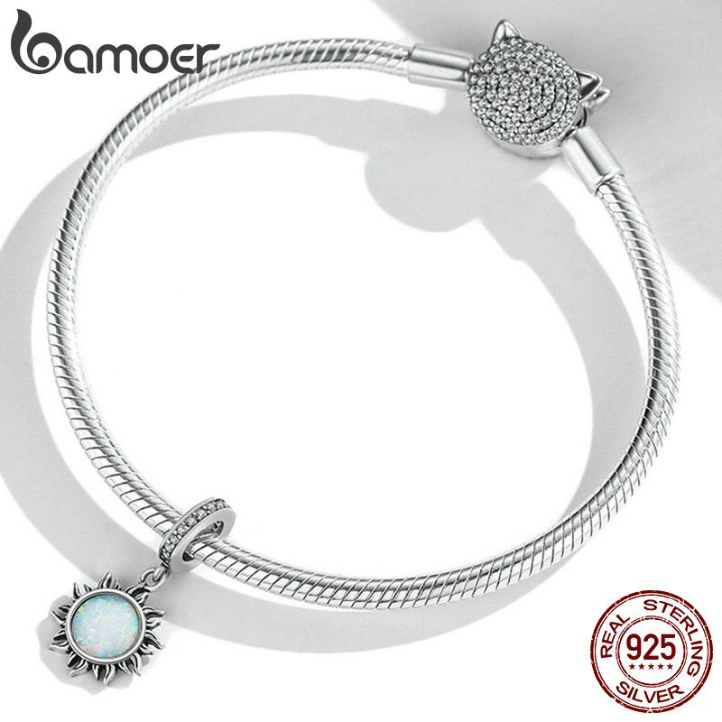 Hạt phụ kiện Bamoer Scc2005 bằng bạc 925 hình mặt trời đính đá opal làm vòng tay và dây chuyền DIY lỗ xỏ 4.5mm