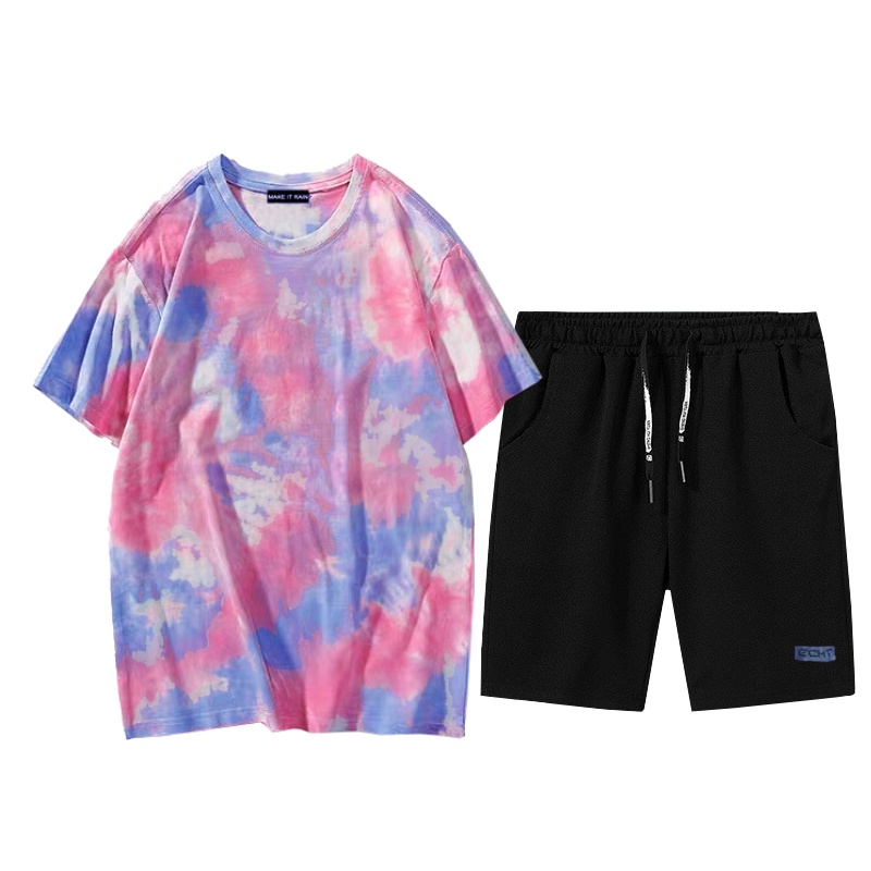 Set Bộ 2 Món Quần Shorts + Áo Thun Nam Nữ Unisex Chất Vải Thun CB2_WAT465CT_MSH002THDEF6 (Loang Trơn + Trơn Logo Xanh)
