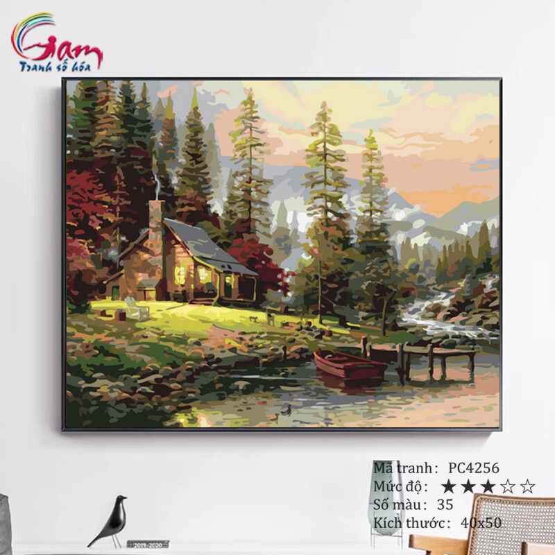 Tranh treo tường trang trí tự tô màu theo số Gam phong cảnh ngôi nhà nhỏ trong rừng PC4256