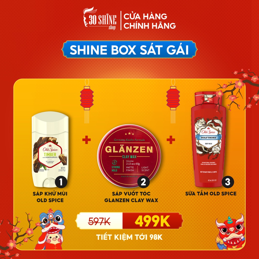 Combo Shine Box Sát gái Sáp khử mùi Old Spice, Sáp vuốt tóc Glanzen Clay Wax, Sữa tắm Old Spice