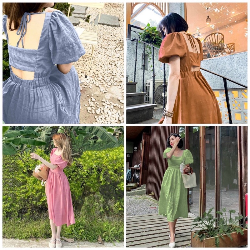 Váy midi tay búp trơn màu ngọt