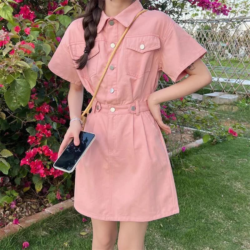 🌼Váy denim nữ cỡ lớn retro phiên bản mới của Hàn Quốc của váy chữ A ngắn tay eo ve áo