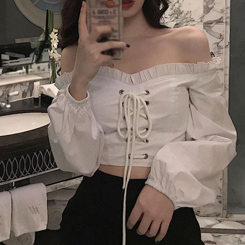 Áo Croptop Tay Dài Trễ Vai Phối Dây Thắt Kiểu retro Cá Tính Cho Nữ