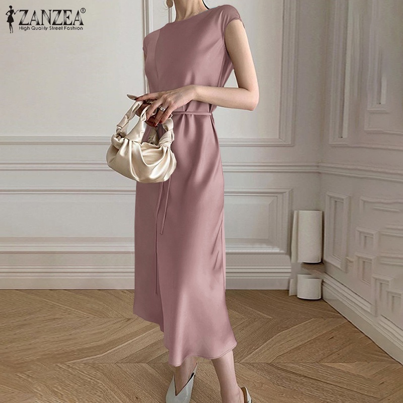 Đầm dài ZANZEA cổ tròn không tay màu trơn thắt lưng thắt nơ thời trang