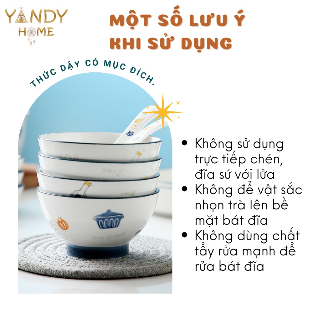 Bát đĩa gốm sứ YANDY HOME BB13 màu trắng họa tiết dụng cụ bếp men bóng đẹp dễ thương 15 chi tiết