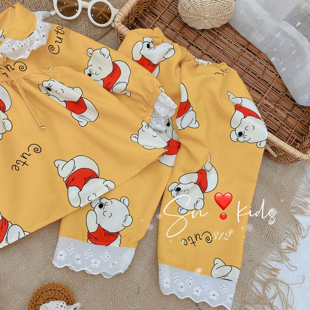 Bộ Pijama dài tay phối ren điệu đà, Họa tiết động vật chất liệu KATE dành cho bé gái từ 10-22kg